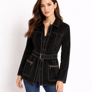 INC International Concepts 100% Leather Black  Belted Jacket Size S